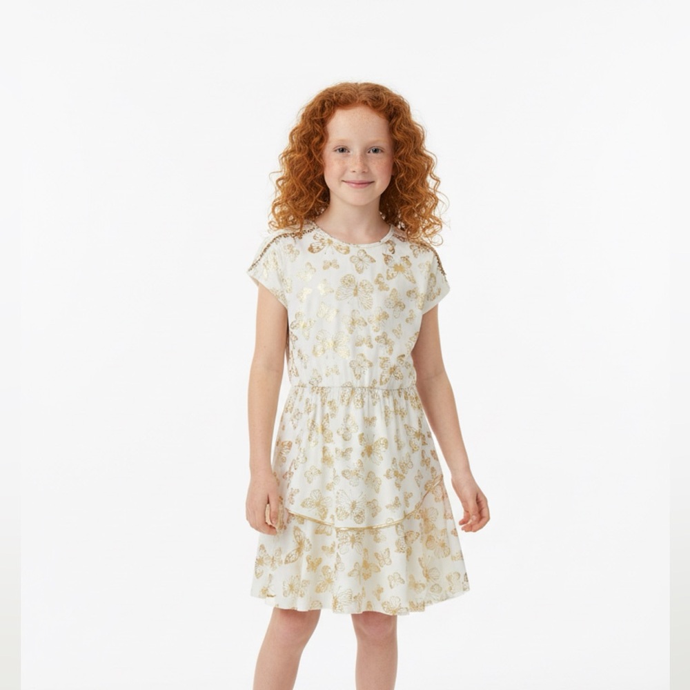 Imoga Girls‎ Dress Ivory & Gold Butterfly Print Soft & Comfy Knit sz 10 12 NWT
